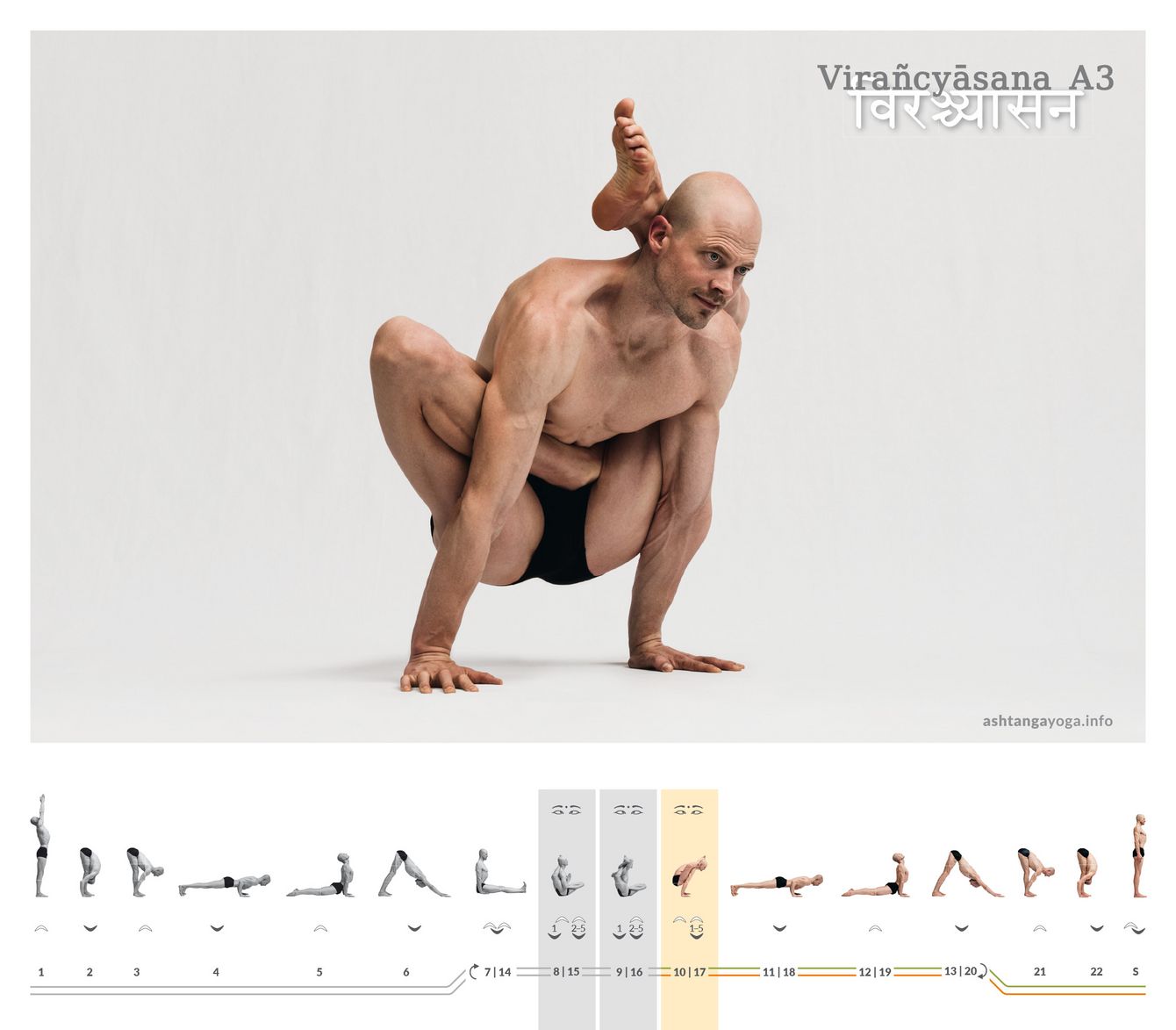 Aus der Verknotung entsteht Auftrieb: Lotus und „Bein hinter Kopf“ werden zur Armbalance. Struktur hebt Dich – in Virañcyāsana A3. Dabei tragen Atem, Bandha und Ausrichtung die Form.