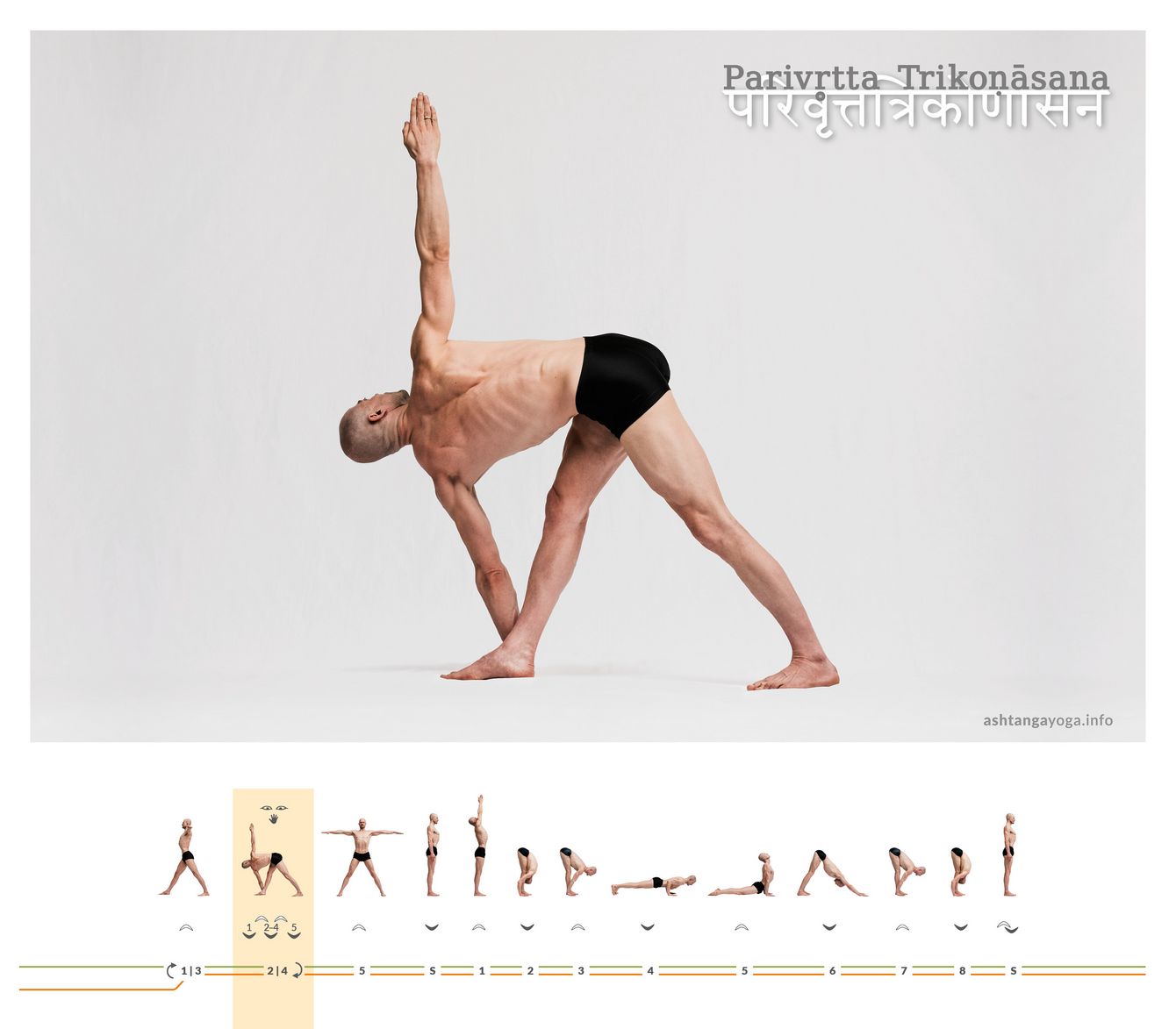In der Standhaltung des “Gedrehten Dreiecks”- Parivritta Trikonasana beschreiben die Beine und die Arme mit dem Rumpf jeweils ein Dreieck. Der Oberkörper ist dabei gedreht, so dass sich die linke Hand neben dem rechten Fuß am Boden befindet.