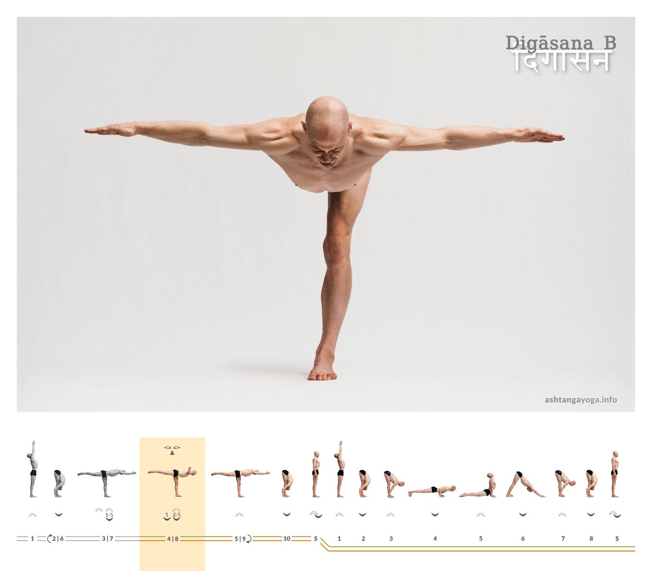 Ein Standbein trägt, der Oberkörper wird waagrecht, die Arme öffnen seitlich: Digāsana B fordert Balance mit klarer Breite. Stabil wird die Haltung, wenn Du Achse und Weite zugleich hältst.