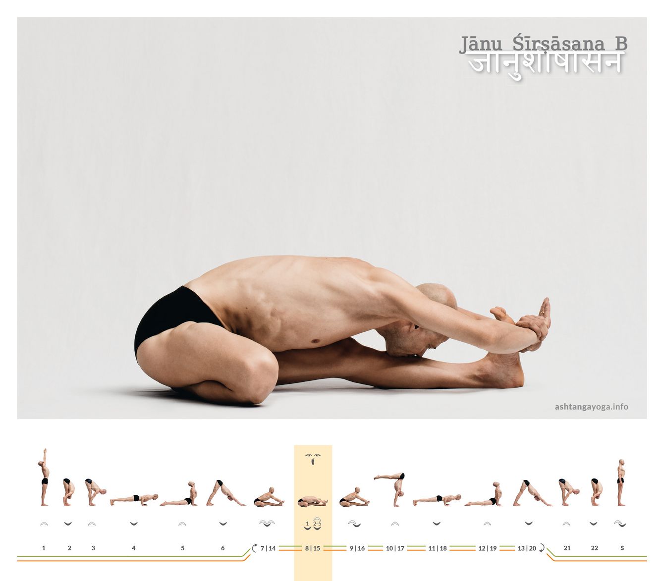 In der zweiten Variante der “Kopf und Kniehaltung” sitzt der Übende mit dem Beckenboden direkt auf der rechten Ferse. Der rechte Fuß weist nun unter dem Oberschenkel gerade nach vorne - Janu Shirshasana B.