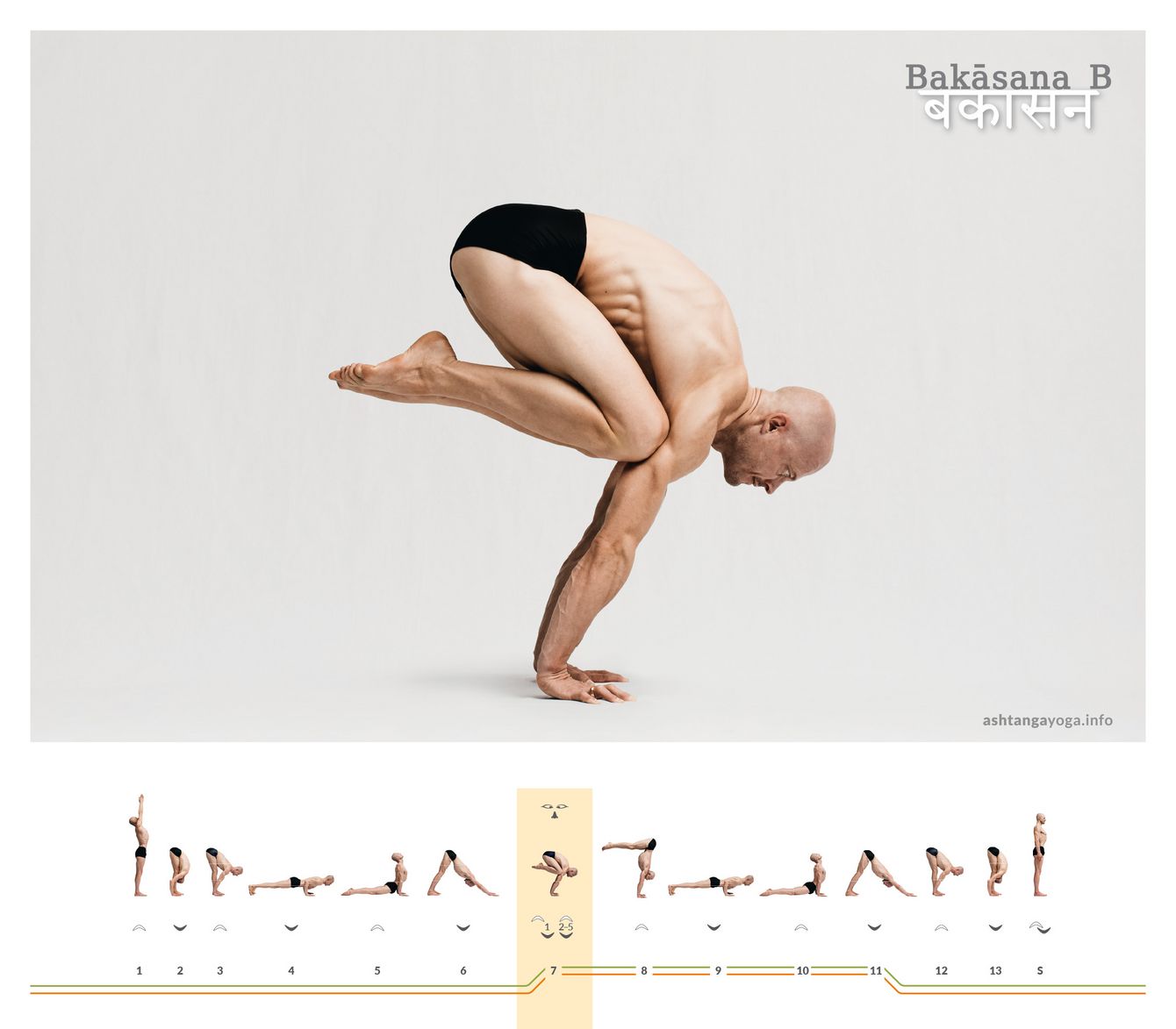 In der zweiten Version des “Kranich” kommt der*die Übende aus einer freien Armbalance, also von oben, in die Haltung. Wieder sind die Oberschenkel dicht an den Oberkörper gezogen - Bakasana.