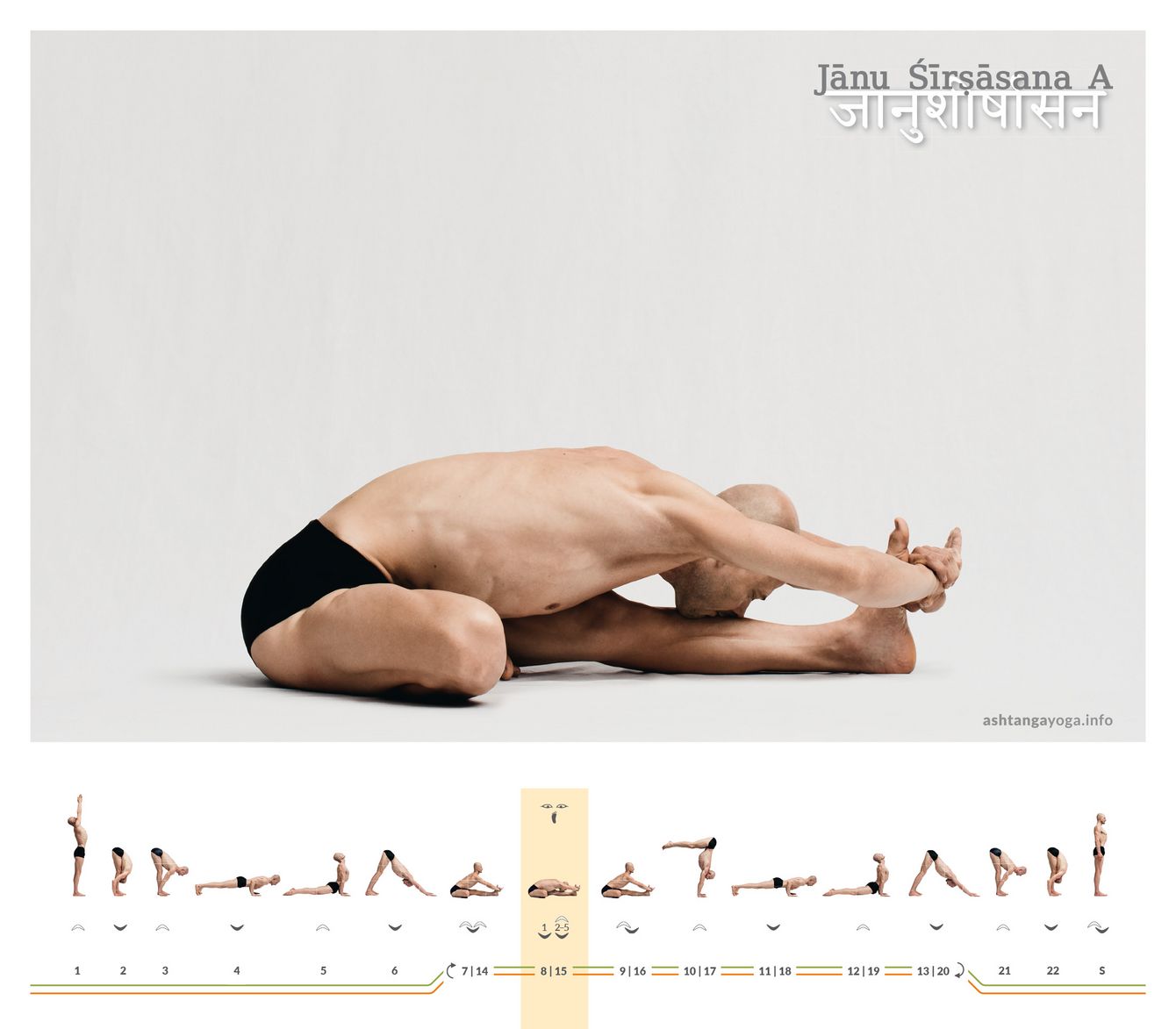 Die “Kopf und Kniehaltung” ist eine asymmetrische Sitzhaltung. Das eine Bein ist gestreckt, das andere gebeugt und mit der Fußsohle an der Innenseite des Oberschenkels - Janu Shirshasana A.